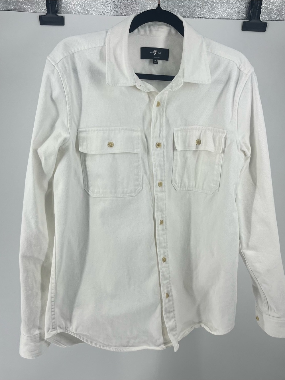 7 For All Mankind Men's White Long-Sleeve Button-Down Shirt
